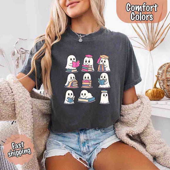 Ghost Reading Comfort Colors Shirt – Spooky Book Lover Halloween Tee-T-Shirt-Gentleman.Clothing