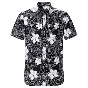 Black Hibiscus Hawaiian Cotton Short Sleeve Shirt-Shirt-Gentleman.Clothing