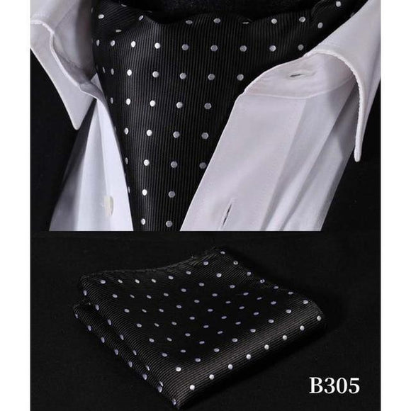 Black Polka Dot Silk Ascot/Cravat Tie & Handkerchief-Ascot Ties-Gentleman.Clothing