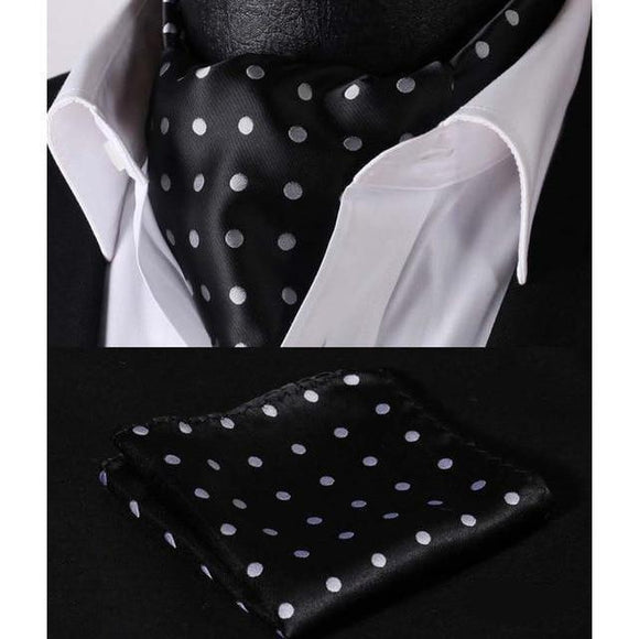 Black Polka Dot Silk Ascot/Cravat Tie & Handkerchief-Ascot Ties-Gentleman.Clothing