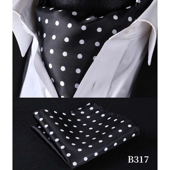 Charcoal Black Polka Dot Silk Ascot/Cravat Tie & Handkerchief-Ascot Ties-Gentleman.Clothing