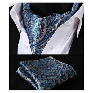 Floral Blue Silk Ascot/Cravat Tie & Handkerchief Collection-Ascot Ties-Gentleman.Clothing