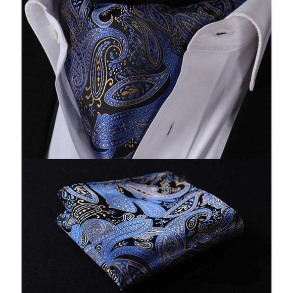 Grand Bleu Paisley Ascot/Cravat Tie & Handkerchief-Ascot Ties-Gentleman.Clothing