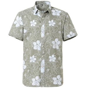 Khaki Hibiscus Hawaiian Cotton Short Sleeve Shirt-Shirt-Gentleman.Clothing
