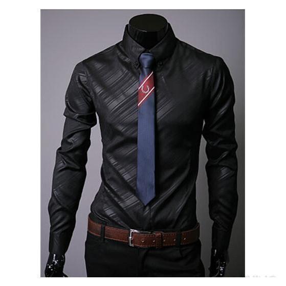 Men's Black Striped Slim Fit Dress Shirt-Shirt-Gentleman.Clothing