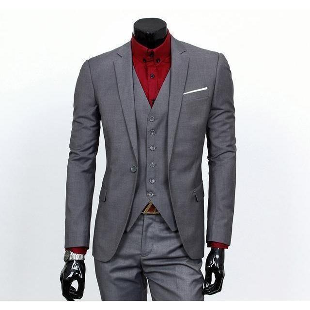 Men's Gray One Button Slim Fit Suit - Three Piece