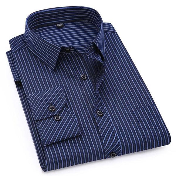 navy striped dress shirt The Black Tux Essential Navy Stripe Dress Shirt In Blue | Size: Large