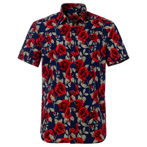 Navy Rose Hawaiian Cotton Short Sleeve Shirt-Shirt-Gentleman.Clothing