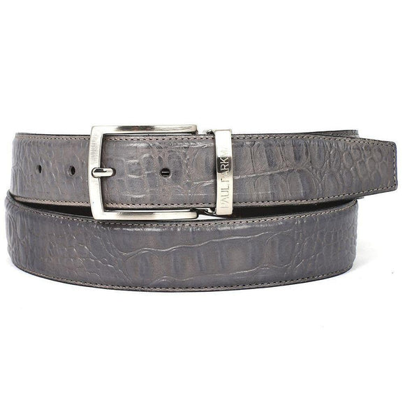PAUL PARKMAN Men's Crocodile Embossed Calfskin Leather Belt Hand-Painted Gray-Belts-Gentleman.Clothing