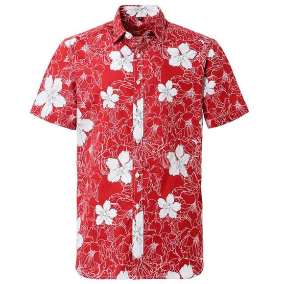 Red Hibiscus Hawaiian Cotton Short Sleeve Shirt-Shirt-Gentleman.Clothing
